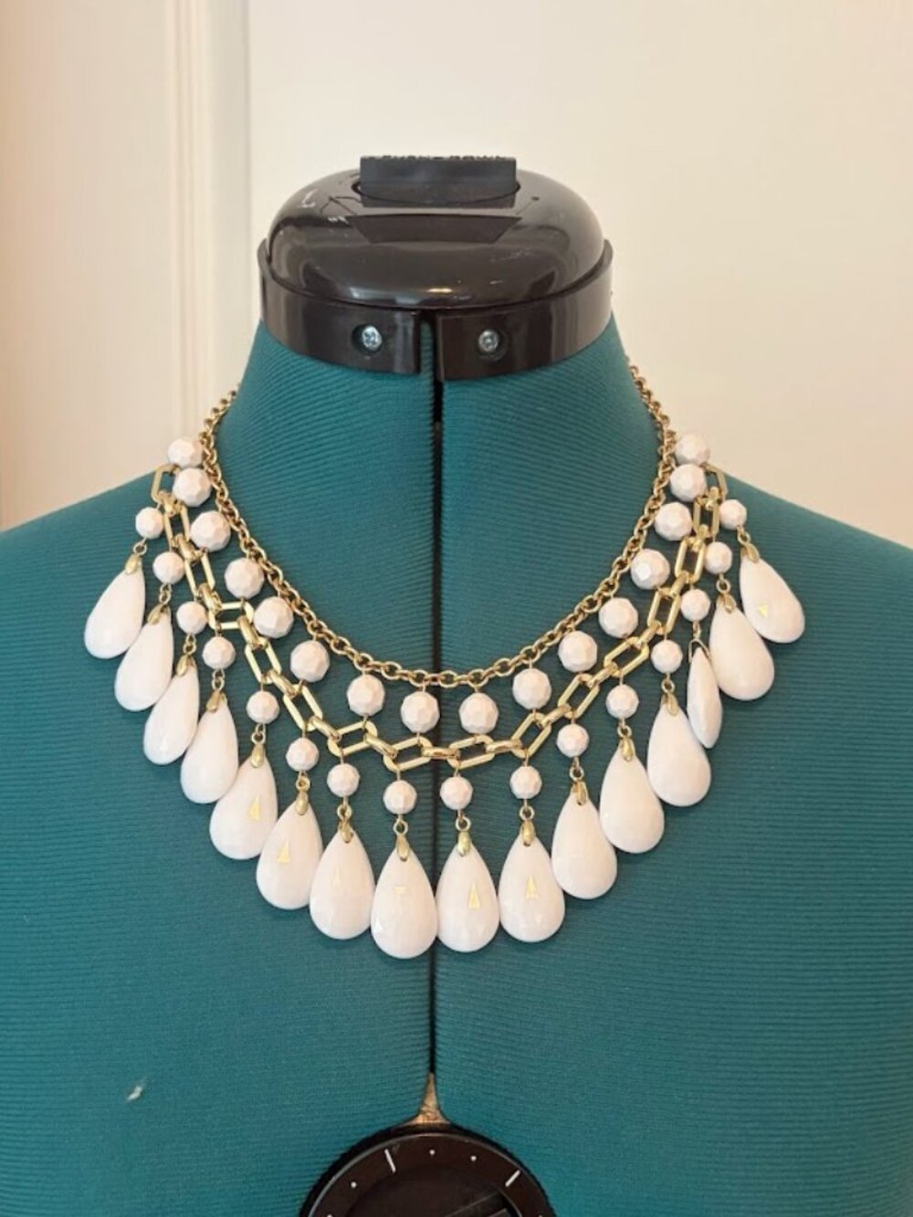 3 Tier Faceted Teardrop Round Bead Gold Tone Adjustable Chain Statement Necklace